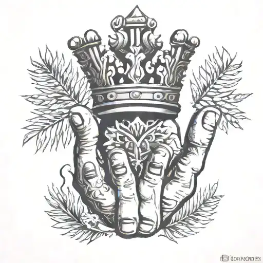 black and grey top of hand tattoo with kings crown, jungle palms and ferns and reaches up fingers  tattoo design idea