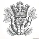 black and grey top of hand tattoo with kings crown, jungle palms and ferns and reaches up fingers  tattoo design idea