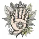 black and grey top of hand tattoo with kings crown, jungle palms and ferns and reaches up fingers  tattoo design idea