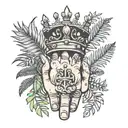 black and grey top of hand tattoo with kings crown, jungle palms and ferns and reaches up fingers  tattoo design idea