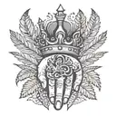 black and grey top of hand tattoo with kings crown, jungle palms and ferns and reaches up fingers  tattoo design idea