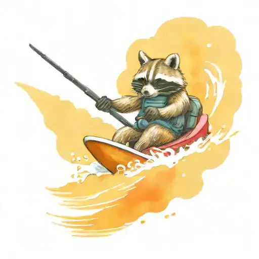 standing raccoon riding a jetski with an ar 15 in hand tattoo design idea