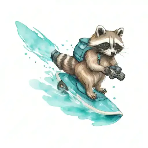 standing raccoon riding a water scooter with an ar15 in hand tattoo design idea