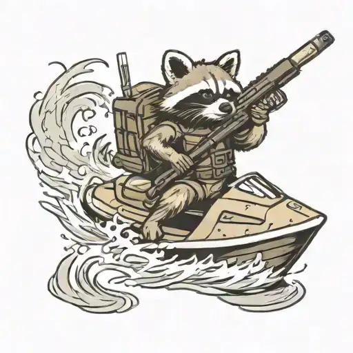 standing raccoon riding a jetski with an ar 15 in hand tattoo design idea