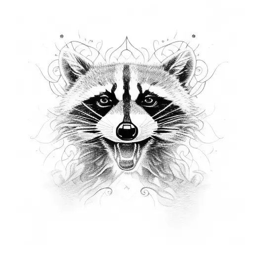 A striking raccoon face with intense blue eyes made entirely of intricate smoke patterns tattoo design idea