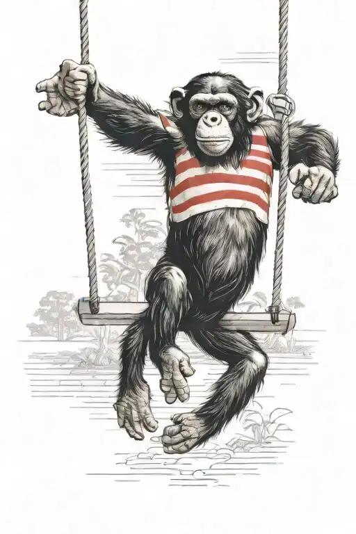 chimpanzee swinging from a horizontal line wearing a white and red stripe shirt tattoo design idea