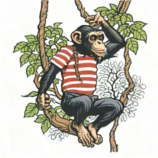 chimpanzee swinging from a tree wearing a red and white striped shirt tattoo design idea