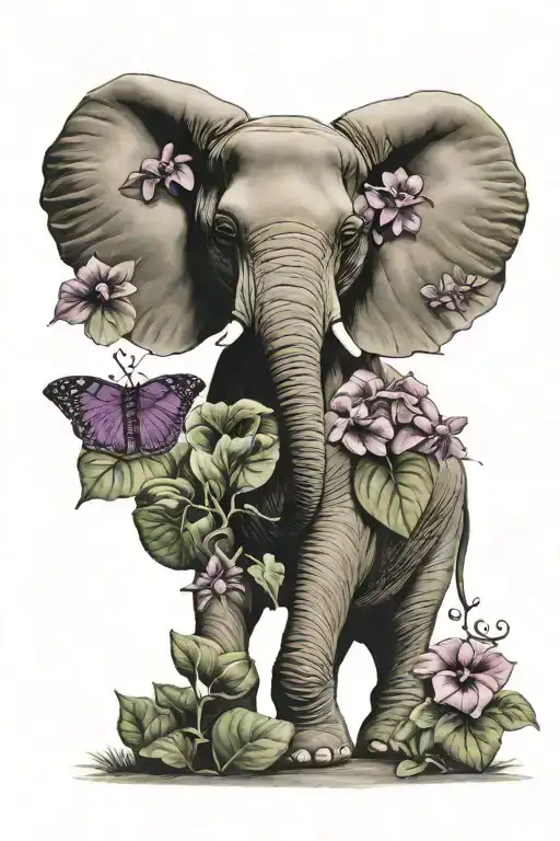 elephant and African violets tattoo design idea
