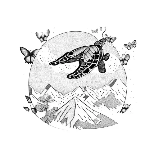 A group of friends hiking up a mountain with butterflies and turtles flying around tattoo design idea