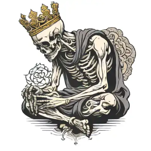 Skeleton Monk Sitting Down, Meditating, Facing Forward With A Crown On His Head tattoo design idea