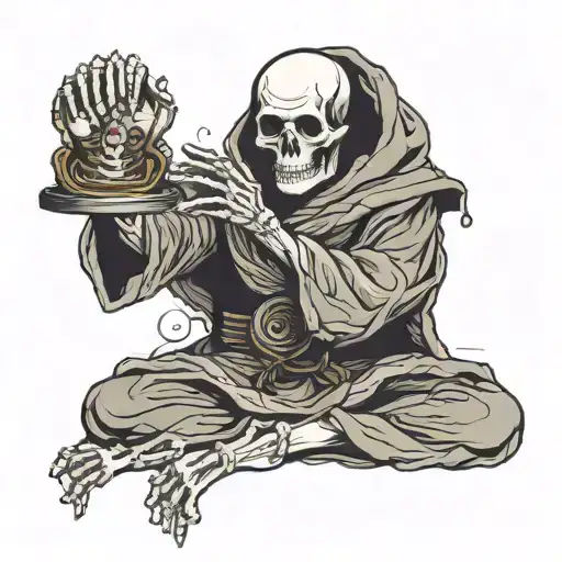 Skeleton Monk In Cloak Meditating,with boxing gloves on Forward Facing tattoo design idea