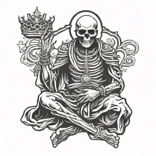 skeleton monk sitting down, meditating, facing forward with a crown on his head tattoo design idea