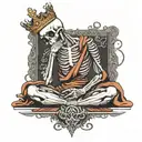 Skeleton Monk Sitting Down, Meditating, Facing Forward With A Crown On His Head tattoo design idea
