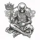skeleton monk sitting down, meditating, facing forward with a crown on his head tattoo design idea