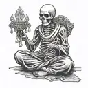 skeleton monk sitting down, meditating, facing forward with a crown on his head tattoo design idea