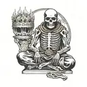 skeleton monk sitting down, meditating, facing forward with a crown on his head tattoo design idea
