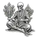 skeleton monk sitting down, meditating, facing forward with a crown on his head tattoo design idea