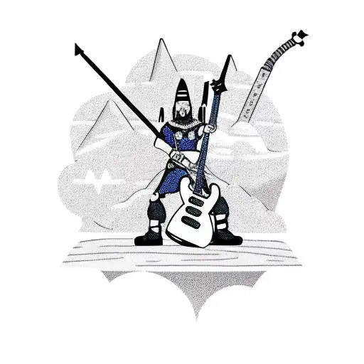 A Viking warrior playing an electric guitar on top of a mountain tattoo design idea