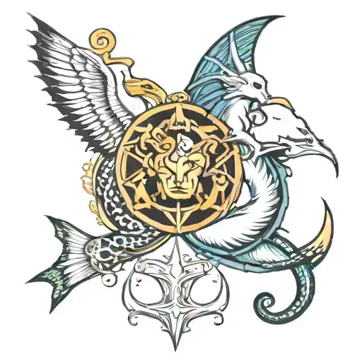 combination of Pisces, Capricorn and Gemini zodiac symbols  tattoo design idea