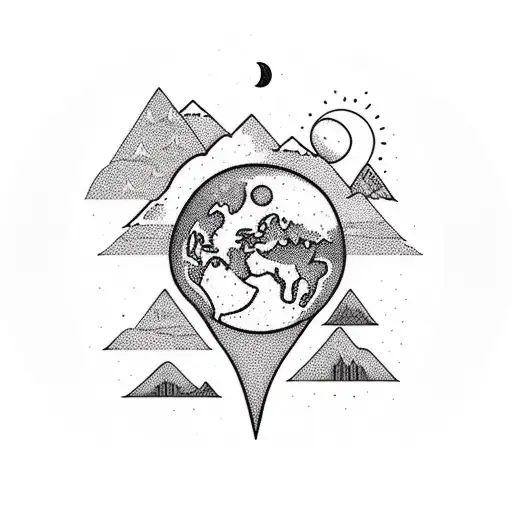 solo travel, mountains, river, sky, earth, moon tattoo design idea