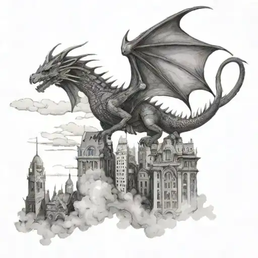 A dragon flying over a city skyline, rendered in a black-grey style with detailed textures tattoo design idea