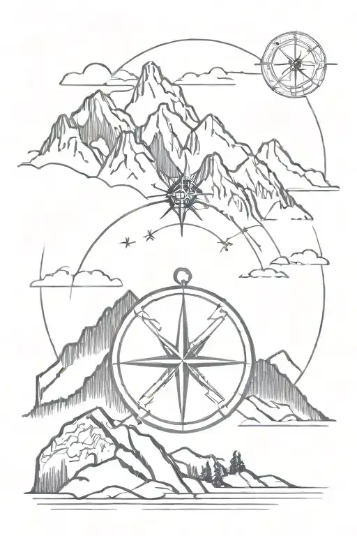 Compass mountains with cross on mountain top tattoo design idea