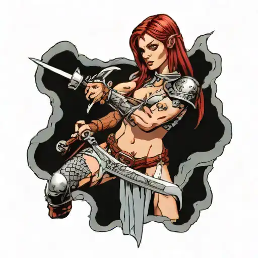 red Sonja elf pulling sword of omens from a stone tattoo design idea