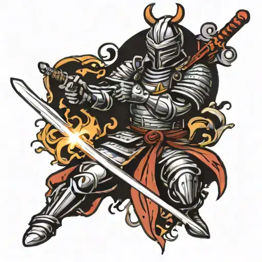 knight holding a firely samurai sword tattoo design idea