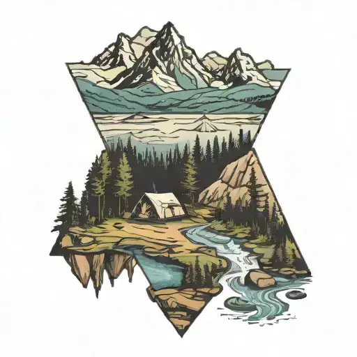 A tattoo of a serene camping spot in Alaska, with a river winding through the landscape and the mountains in the background tattoo design idea