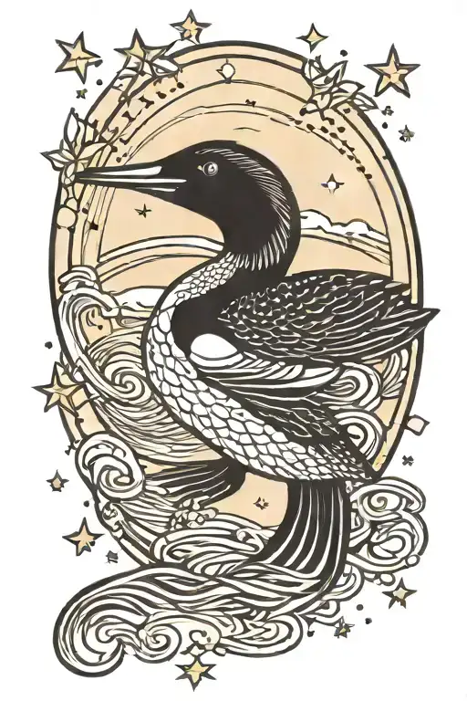 Loon and stars shining tattoo design idea