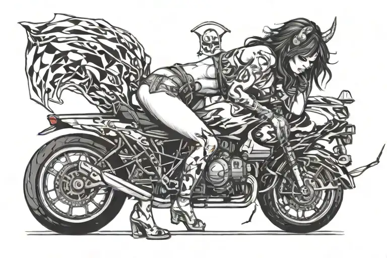 demon girl in daisy duke shorts bent over the hood of an e90 bmw tattoo design idea