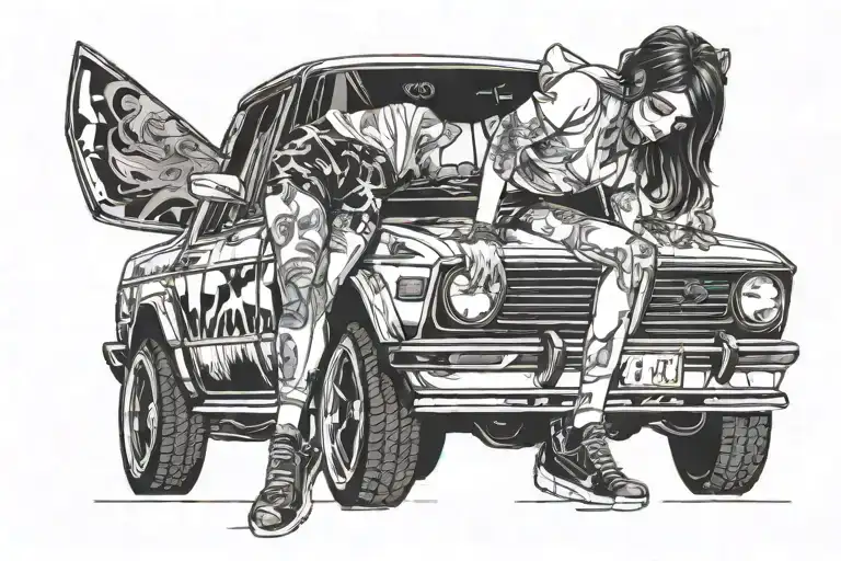 demon girl in daisy duke shorts bent over the hood of a bmw sedan tattoo design idea
