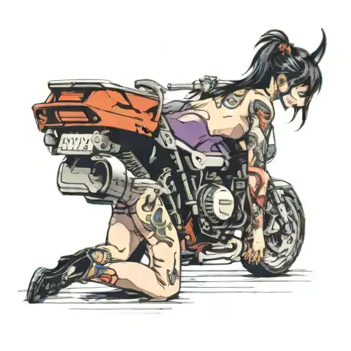 demon girl in short shorts bent over an E90 bmw tattoo design idea