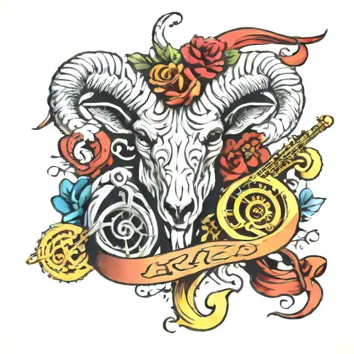 An intricate design of Aries horns intertwined with musical instruments and art supplies, symbolizing a creative and passionate student tattoo design idea