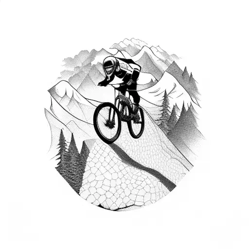 A fearless downhill mountain biker navigating a treacherous trail tattoo design idea