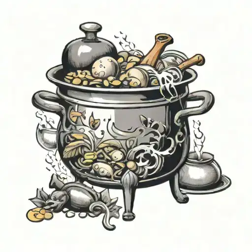 A whimsical design of a cooking pot overflowing with ingredients and steam forming shapes of animals tattoo design idea