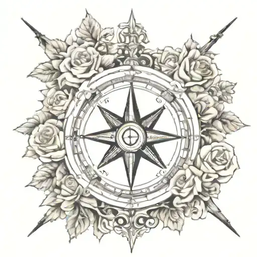 compass with cross in the middle surrounded by roses tattoo design idea