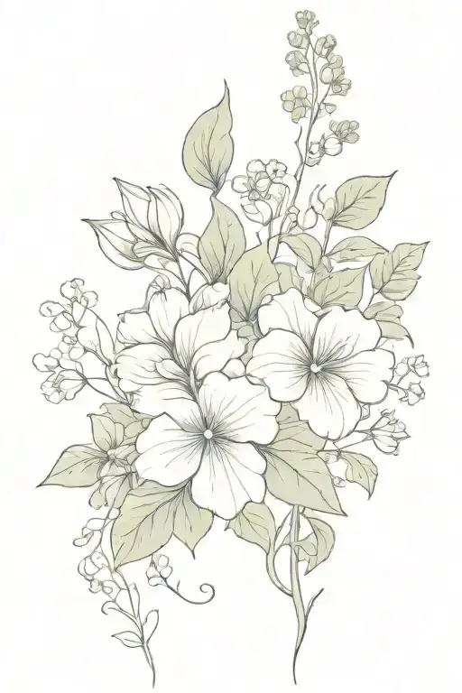 bouquet with roses, irises, bluebonnets, ivy, and shamrocks tattoo design idea