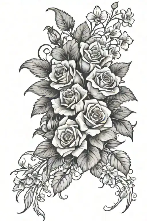 bouquet with roses, irises, bluebonnets, ivy, and shamrocks tattoo design idea