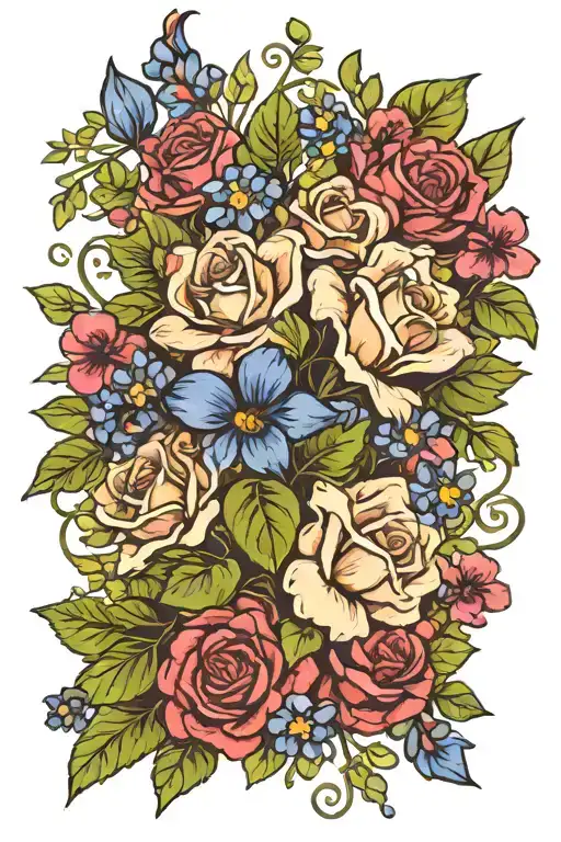 bouquet with roses, irises, bluebonnets, ivy, and shamrocks tattoo design idea