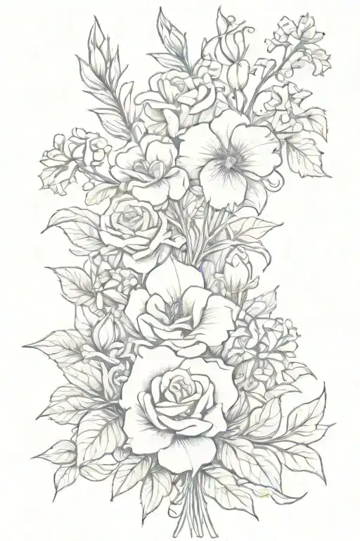 bouquet with roses, irises, bluebonnets, ivy, and shamrocks tattoo design idea