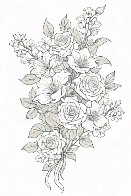 bouquet with roses, irises, bluebonnets, ivy, and shamrocks tattoo design idea