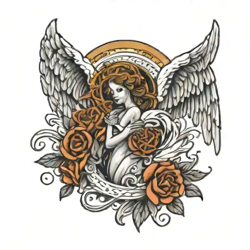 family incorporated with the loss of two  loved ones as angels with wings and halo  tattoo design idea