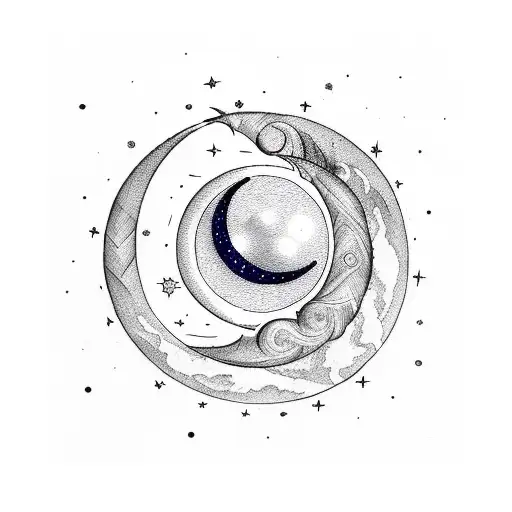 A celestial scene with a crescent moon and the name Ayla written in delicate sketch style tattoo design idea