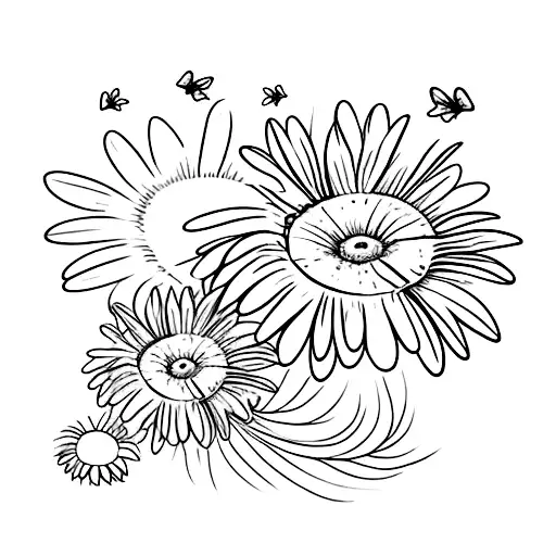 gerba daisy flower with two butterflys landing on it, dainty tattoo design idea