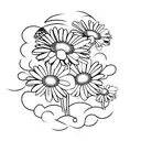 gerba daisy flower with two butterflys landing on it, dainty tattoo design idea