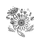 gerba daisy flower with two butterflys landing on it, dainty tattoo design idea