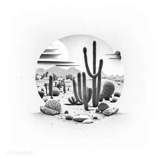 Desert night, eerie cacti, hidden serotonin, a chemical moon—inked to reveal the mystique of the desert's serenity and t tattoo design idea