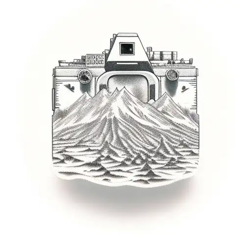 High desert's rugged beauty meets vintage cameras, a surreal server inspired by vast landscapes and timeless photography tattoo design idea