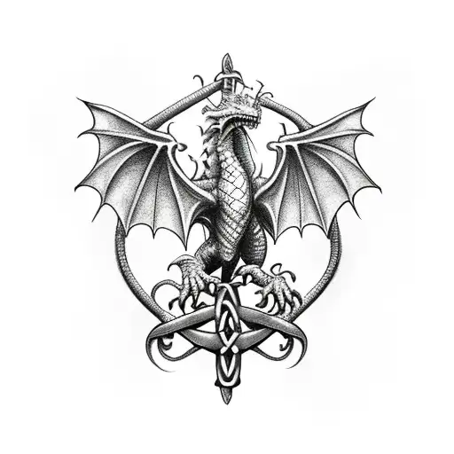 A dragon surrounded by Harry Potter wand magic fight with a Celtic cross on it tattoo design idea